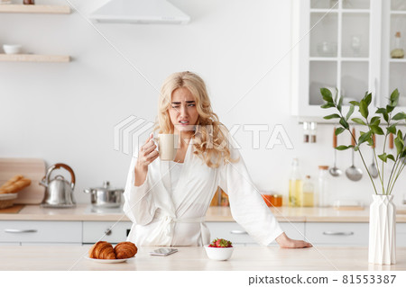 Sleepy woman is unhappy and facial emotions, bad feeling and problems, covid-19 81553387