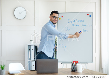 Young Arab male teacher pointing at blackboard with English grammar rules, giving online lesson to students on laptop Young Arab male teacher pointing at blackboard with English grammar rules, giving online lesson to students on laptop 81553388