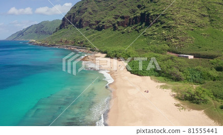 Aerial view from above down Drone shot. Beautiful tropical beach sea with white sand. Top view. Empty and clean beach in summer season on Oahu Hawaii Island. Aerial view from above down Drone shot. Beautiful tropical beach sea with white sand. Top view. Empty and clean beach in summer season on Oahu Hawaii Island. 81555441