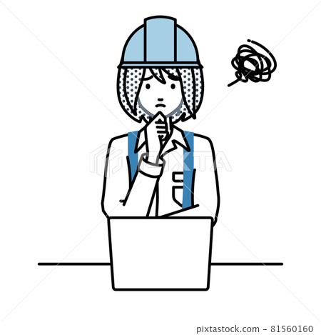 A woman at a construction site who is in trouble sitting at a desk and opening a PC A woman at a construction site who is in trouble sitting at a desk and opening a PC 81560160