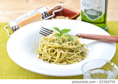 Italian pasta genovese, genova sauce, basil sauce, basil and pine nuts and cheese spaghetti. 81560750