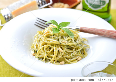Italian pasta genovese, genova sauce, basil sauce, basil and pine nuts and cheese spaghetti. 81560752