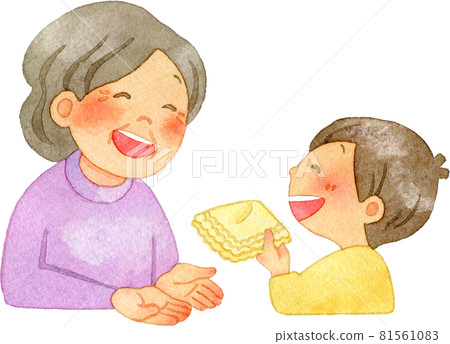 一個孩子（男孩）拿起祖母的手帕的水彩插圖 81561083