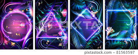 Tropical background with neon frames of different geometric shapes Tropical background with neon frames of different geometric shapes 81563597