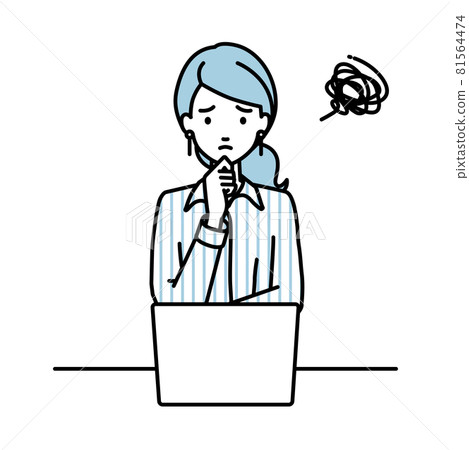 A woman in a blouse sitting at a desk and opening her PC 81564474