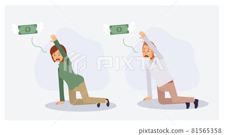 Set of man and woman crying and begging money to not gone.Money fly away.Lack of money concept,financial crisis.Flat vector 2D cartoon character illustration. Set of man and woman crying and begging money to not gone.Money fly away.Lack of money concept,financial crisis.Flat vector 2D cartoon character illustration. 81565358