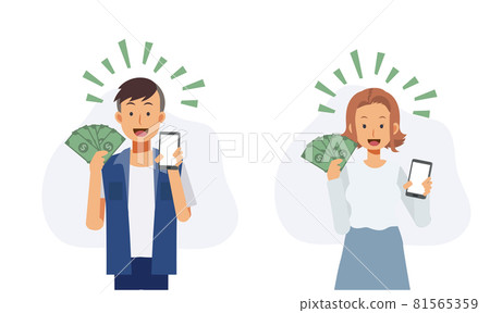 Set of man and woman holding smartphone and money in hand to showing how to make money online.Flat vector 2D cartoon character illustration. 81565359