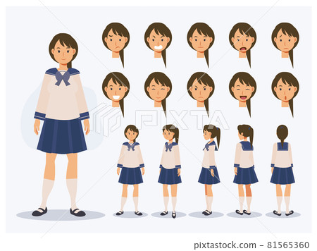 Set of Flat Vector Character Japanese student girl in uniform with various views, Cartoon style. Set of Flat Vector Character Japanese student girl in uniform with various views, Cartoon style. 81565360
