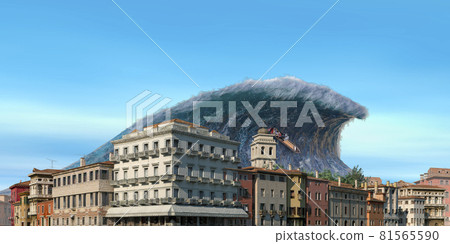 Tsunami wave apocalyptic water view urban flood Storm. 3D illustration 81565590