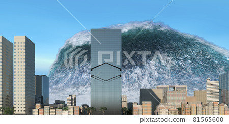 Tsunami wave apocalyptic water view urban flood Storm. 3D illustration 81565600