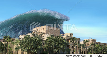 Tsunami wave apocalyptic water view urban flood Storm. 3D illustration Tsunami wave apocalyptic water view urban flood Storm. 3D illustration 81565623