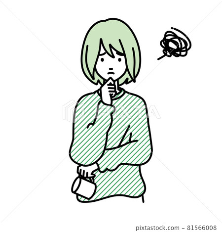 一位遠程工作的女性站著並將手放在下巴上有困難 一位遠程工作的女性站著並將手放在下巴上有困難 81566008