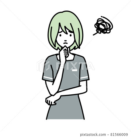 一位身為美容院店員的女士，站著把手放在下巴上有困難 81566009