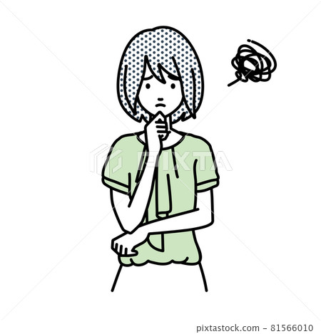 一位辦公室休閒女性站著,把手放在下巴上有困難 一位辦公室休閒女性站著,把手放在下巴上有困難 81566010