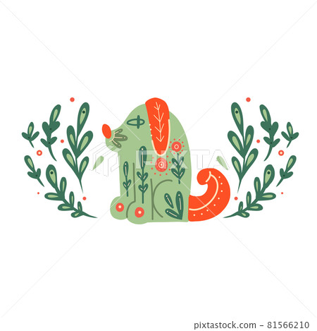 Stylized dog with folk patterns and natural decorations. Spaniel with foliage. Vector illustration of puppy with tribal boho pattern. 81566210