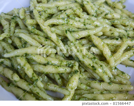 closeup of trofie al pesto: handmade pasta with basil sauce 81566447