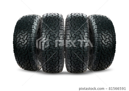 Set of 4 wheels car tires designed for use in all road conditions isolated on white background. 81566591