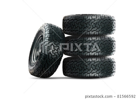 Set of 4 wheels car tires designed for use in all road conditions isolated on white background. 81566592