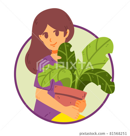Girl caring houseplants. Daily life and everyday routine scene by a young woman. Cultivating potted plants. Female character enjoying her hobby. Vector illustration isolated on white background. 81568251