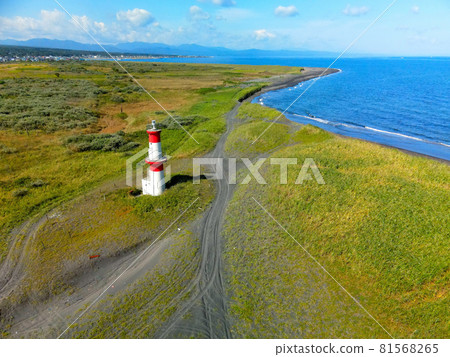 Aerial view of Sunasaki Lighthouse in Mori-cho, Hokkaido in summer Aerial view of Sunasaki Lighthouse in Mori-cho, Hokkaido in summer 81568265