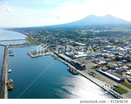 Aerial view of Mori fishing port in Mori-cho, Hokkaido in summer 81568639