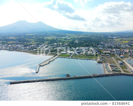 Aerial view of Mori fishing port in Mori-cho, Hokkaido in summer 81568641