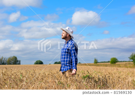 Man agronomist farmer in golden wheat field. Male holds ears of wheat in hand. Man agronomist farmer in golden wheat field. Male holds ears of wheat in hand. 81569130