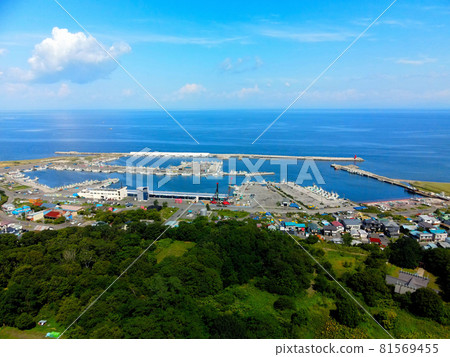 Aerial view of Sawara fishing port in Mori-cho, Hokkaido in summer 81569455