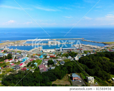 Aerial view of Sawara fishing port in Mori-cho, Hokkaido in summer 81569456