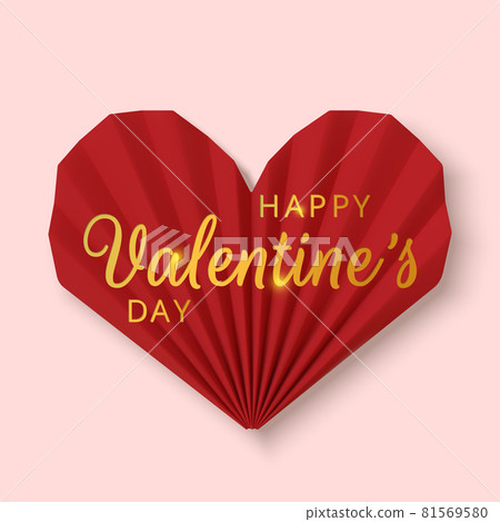 Valentines Day greeting card. Realistic 3d red paper hearts and gold text on pink background. Love and wedding. Template for products, web banners and leaflets. Vector illustration 81569580