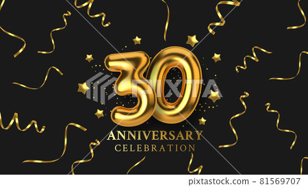 30th Anniversary celebration. Number in the form of golden balloons. Realistic 3d gold numbers and sparkling confetti, serpentine. Horizontal template for Birthday or wedding event. Vector 30th Anniversary celebration. Number in the form of golden balloons. Realistic 3d gold numbers and sparkling confetti, serpentine. Horizontal template for Birthday or wedding event. Vector 81569707