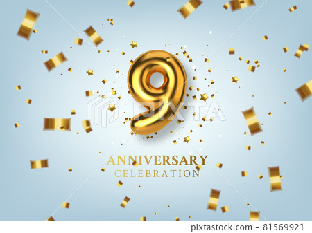 9th Anniversary celebration. Number in the form of golden balloons. Realistic 3d gold numbers and sparkling confetti, serpentine. Horizontal template for Birthday or wedding event. Vector 9th Anniversary celebration. Number in the form of golden balloons. Realistic 3d gold numbers and sparkling confetti, serpentine. Horizontal template for Birthday or wedding event. Vector 81569921