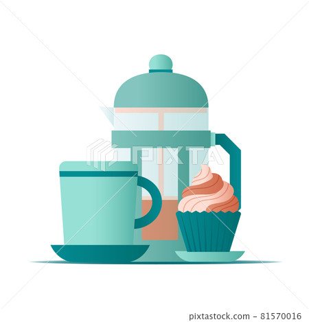 Flat illustration french press and cup of coffee with cap cake on white background for concept design. Vector illustration Flat illustration french press and cup of coffee with cap cake on white background for concept design. Vector illustration 81570016