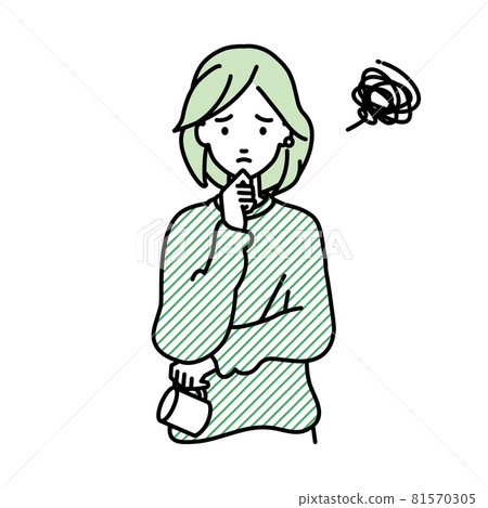 A remote work woman who is in trouble standing and putting her hand on her chin 81570305