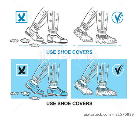 Use medical shoe covers, protective disposable surgical overshoe worn on street footwear boots. Sterile medic foot uniform. Antibacterial plastic footgear bags. Protection clean floor from dirt vector Use medical shoe covers, protective disposable surgical overshoe worn on street footwear boots. Sterile medic foot uniform. Antibacterial plastic footgear bags. Protection clean floor from dirt vector 81570959