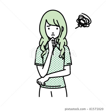 A woman in a polo shirt standing and putting her hand on her chin A woman in a polo shirt standing and putting her hand on her chin 81571020