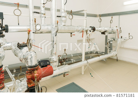 Boiler Room With Pipes, Valves, Pumps Boiler Room With Pipes, Valves, Pumps 81571181
