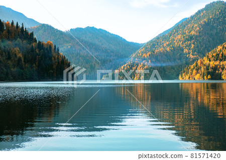 Beautiful view on the mountain lake with the colorful autumn trees on the hills. 81571420
