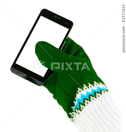 cellphone with white-green mittens isolated on white background 81571833