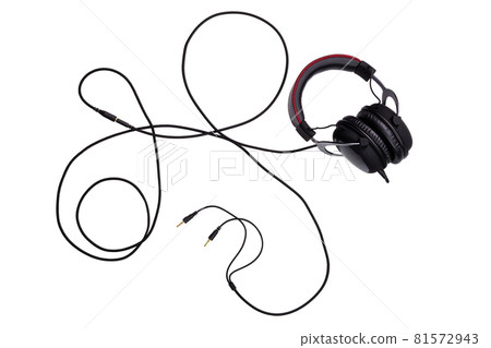 wired black gaming headset with whole wire isolated on white background in flat lay composition wired black gaming headset with whole wire isolated on white background in flat lay composition 81572943