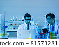 Team of research scientists analysing test trial new generation vaccine data. 81573281
