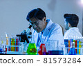 Microbiologist biotechnology researcher look microscope in the lab 81573284