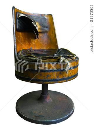Vintage soviet factory wooden barrel style chair with destructed upholstery. Isolated on white background. 81573595