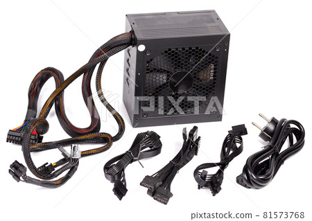 pc atx half-modular power supply isolated on white background with selective focus 81573768