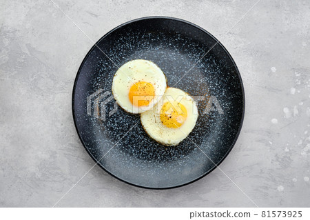 Top view of two fried eggs on a plate. Top view of two fried eggs on a plate. 81573925