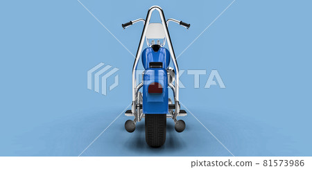 Blue classic custom motorbike isolated on light blue background. 3d rendring. Blue classic custom motorbike isolated on light blue background. 3d rendring. 81573986
