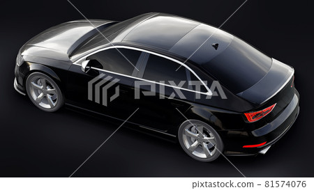 Super fast sports car color black metallic on a black background. Body shape sedan. Tuning is a version of an ordinary family car. 3d rendering. 81574076