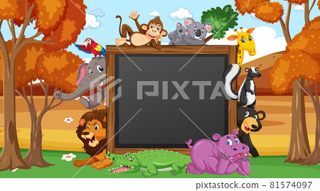 Empty blackboard with various wild animals in... - Stock Illustration ...