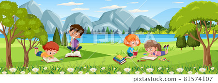 Outdoor scene with many kids reading book at the nature park Outdoor scene with many kids reading book at the nature park 81574107