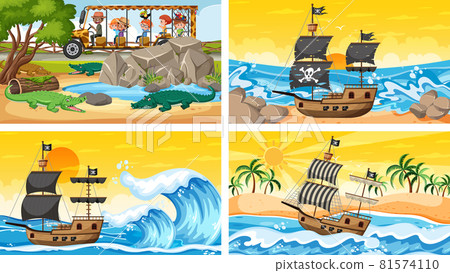 Set of different scenes with animals in the zoo and pirate ship at the sea Set of different scenes with animals in the zoo and pirate ship at the sea 81574110